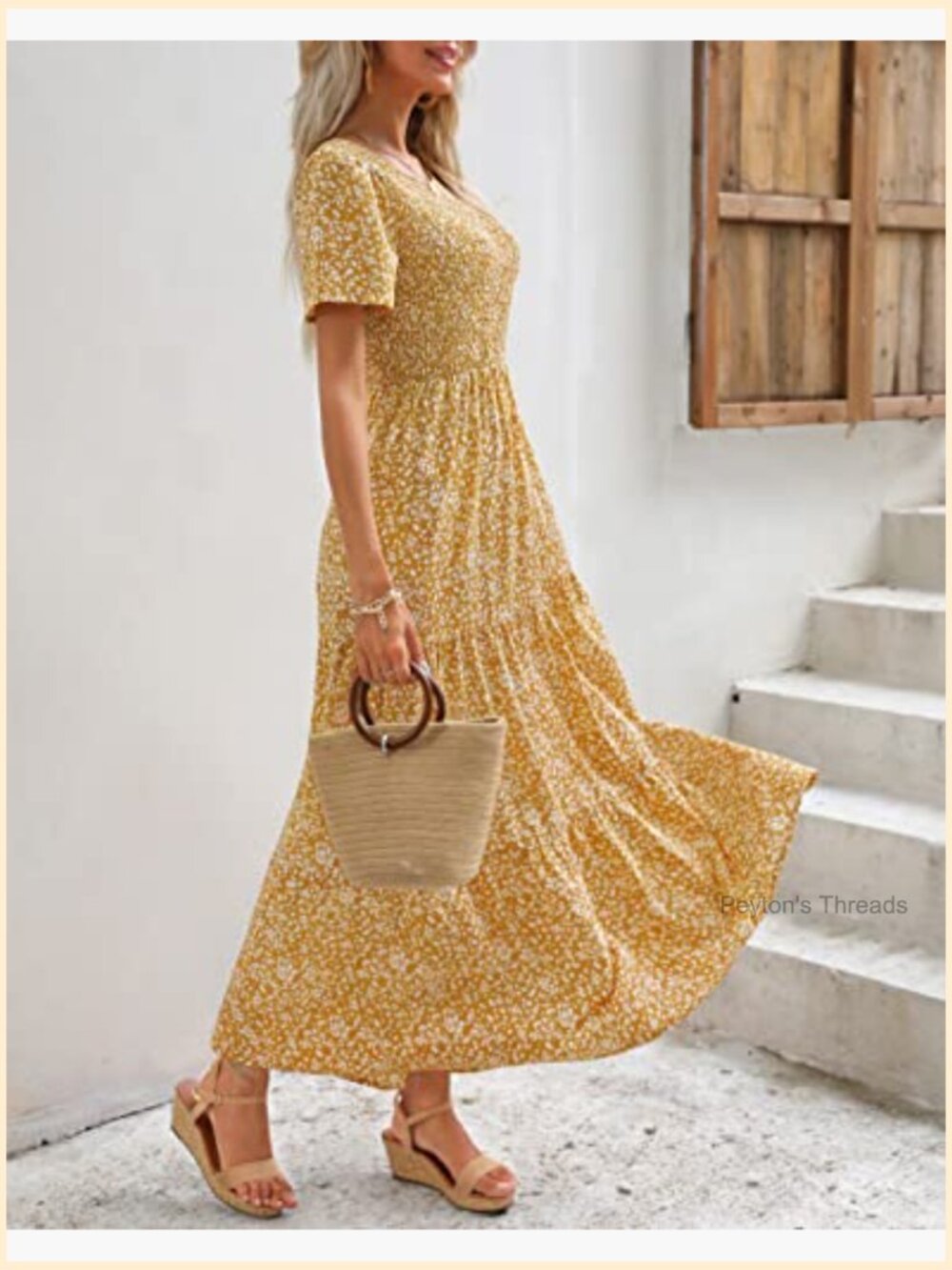 Smocked Floral Maxi Dress with Short Sleeves - Casual Wedding Guest - Picture 3 of 7
